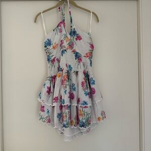 LoveShackFancy halter mini dress white with pink and blue flowers